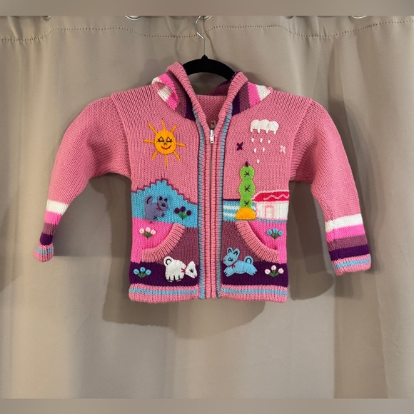 Vintage Pink Knitted Children's Hoodie with Fun Designs - Picture 1 of 7